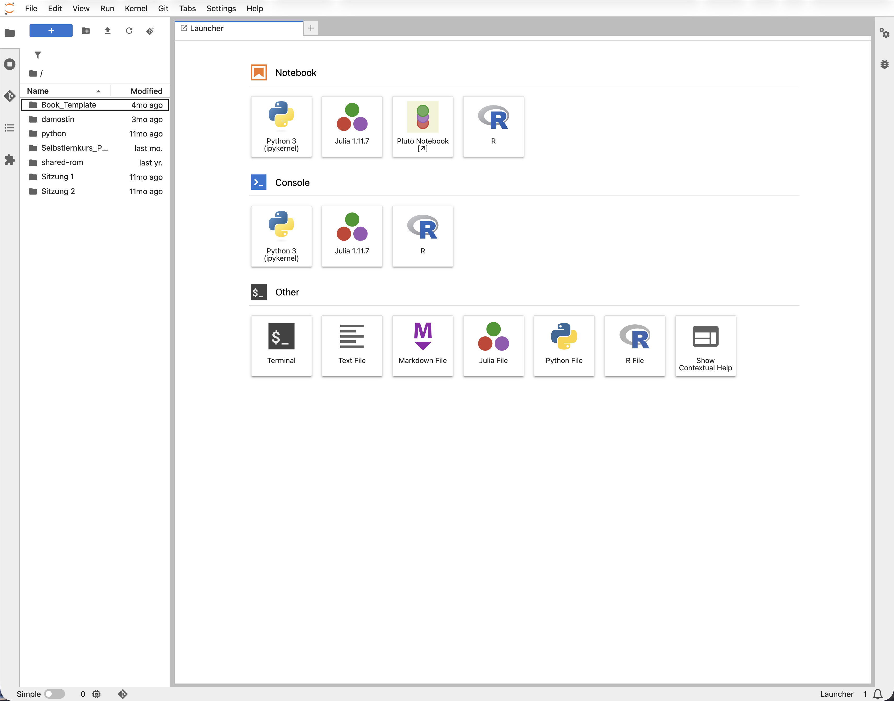 Startansicht der Jupyter-Lab-Oberfläche. In diesem Screenshot sind mehr Ordner zu sehen als bei Ihnen beim ersten Start.