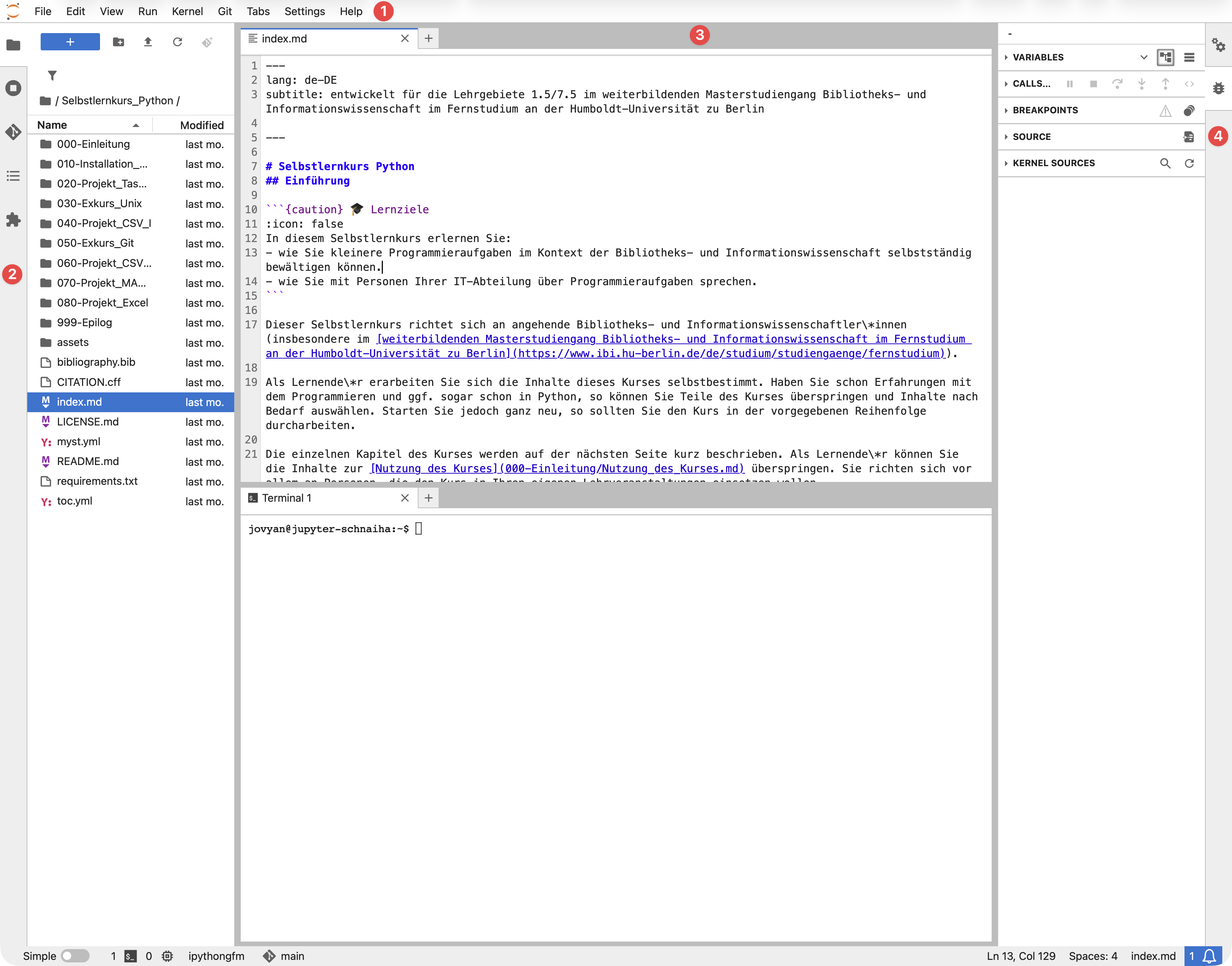 Bestandteile der Jupyter-Lab-Oberfläche: ① Menüleiste, ② Seitenleiste, ③
Arbeitsbereich, ④ rechte Seitenleiste. Hier sind im Arbeitsbereich ein Editor
und ein Terminal übereinander angeordnet. In der rechten Seitenleiste ist der
Debugger geöffnet.